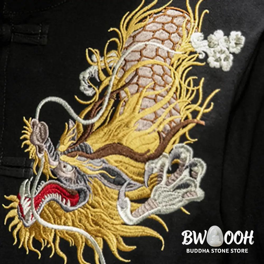 Buddha Stones Frog-Button Chinese Dragon Auspicious Cloud Embroidery Half Sleeve Shirt Cotton Linen Men Clothing
