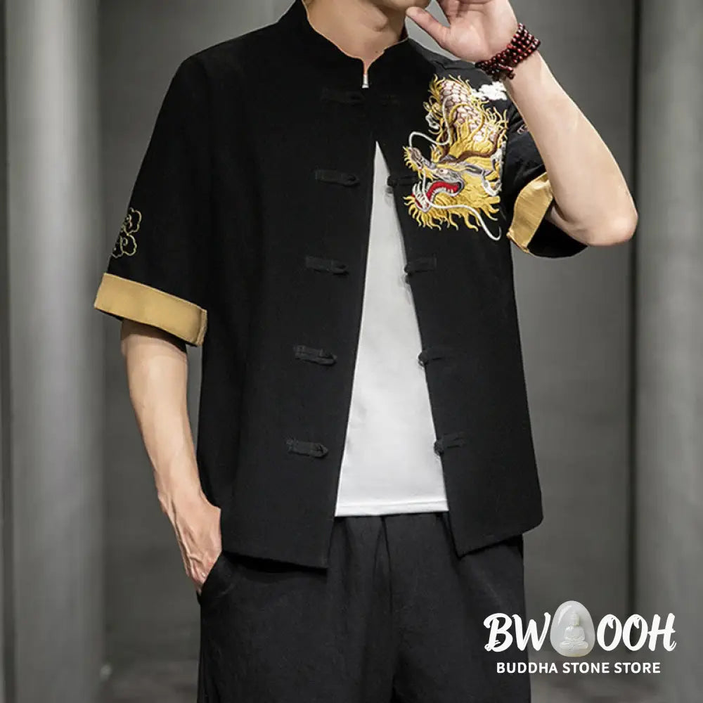 Buddha Stones Frog-Button Chinese Dragon Auspicious Cloud Embroidery Half Sleeve Shirt Cotton Linen Men Clothing
