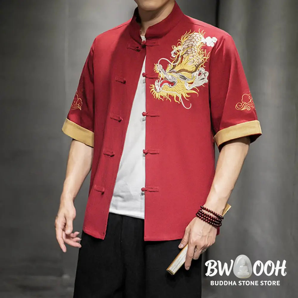 Buddha Stones Frog-Button Chinese Dragon Auspicious Cloud Embroidery Half Sleeve Shirt Cotton Linen Men Clothing