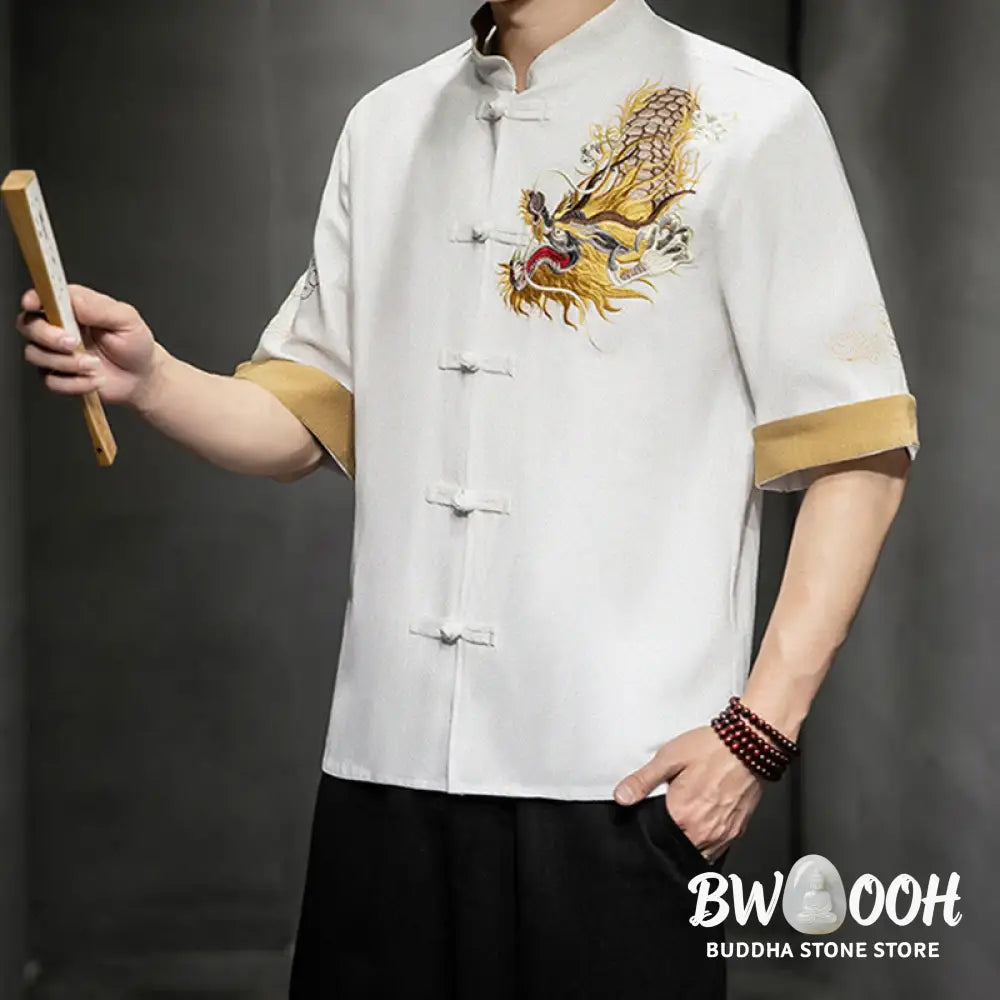 Buddha Stones Frog-Button Chinese Dragon Auspicious Cloud Embroidery Half Sleeve Shirt Cotton Linen Men Clothing