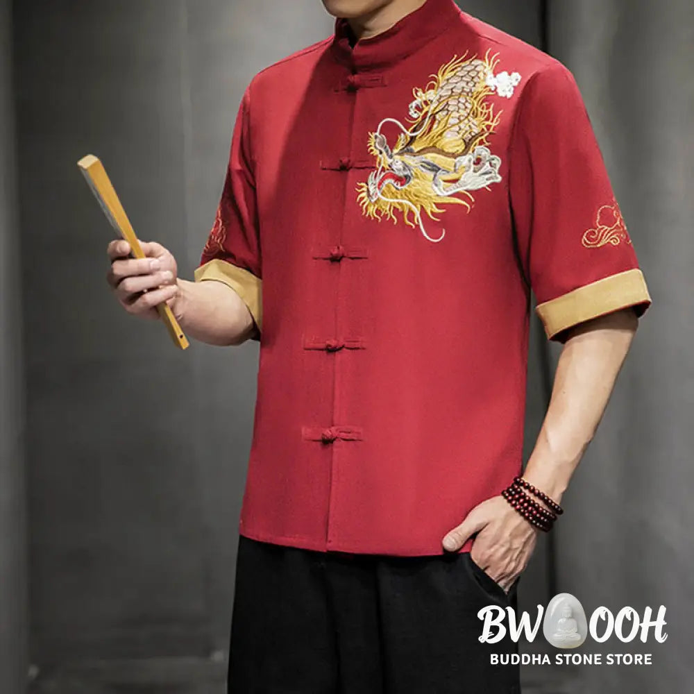 Buddha Stones Frog-Button Chinese Dragon Auspicious Cloud Embroidery Half Sleeve Shirt Cotton Linen Men Clothing