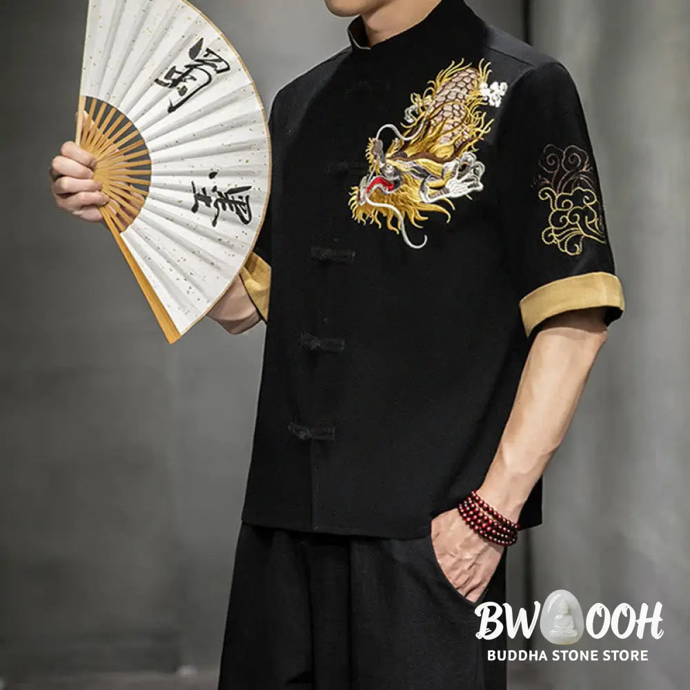 Buddha Stones Frog-Button Chinese Dragon Auspicious Cloud Embroidery Half Sleeve Shirt Cotton Linen Men Clothing