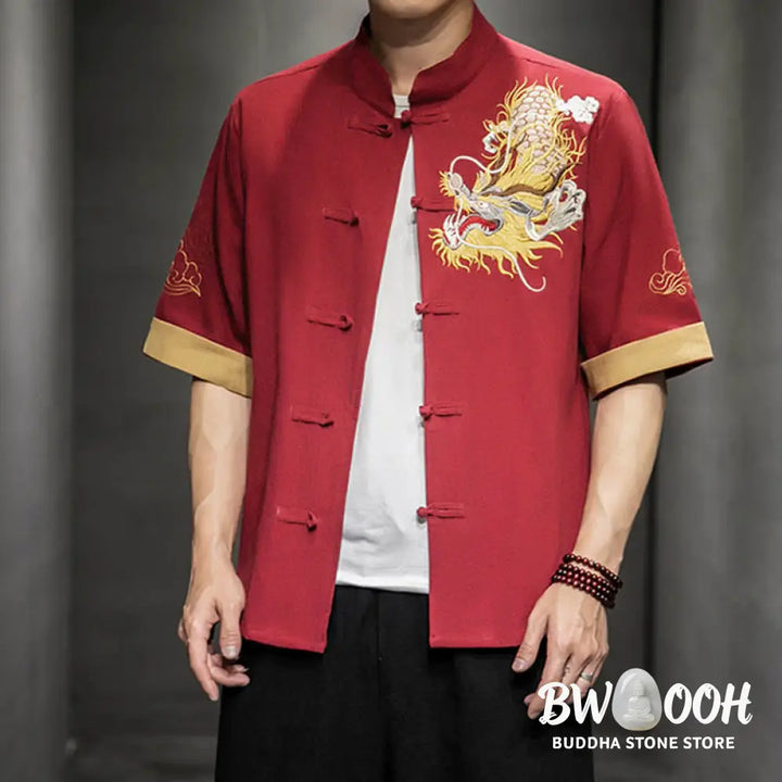 Buddha Stones Frog-Button Chinese Dragon Auspicious Cloud Embroidery Half Sleeve Shirt Cotton Linen Men Clothing