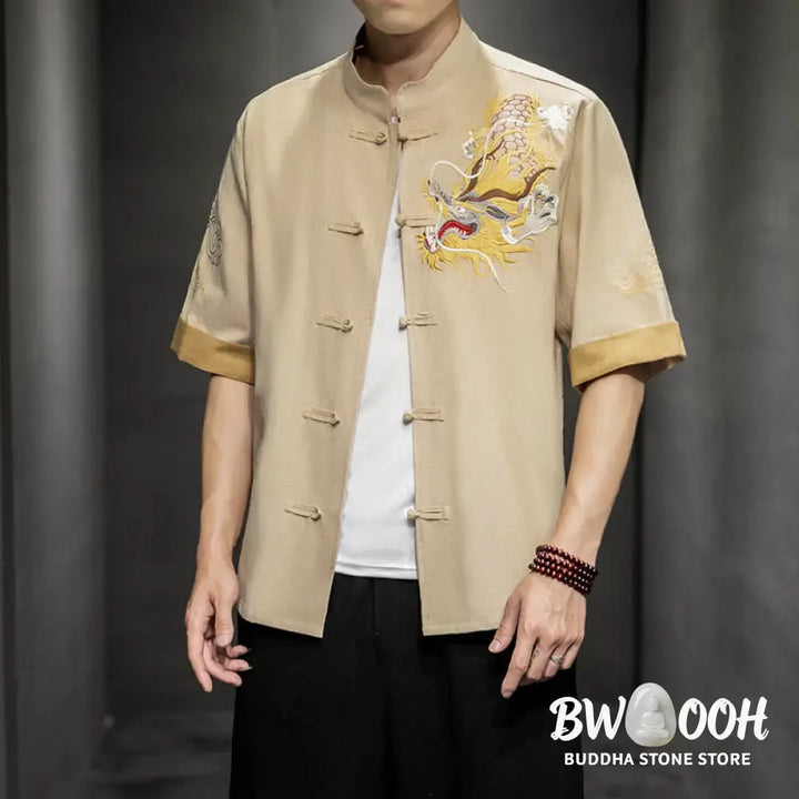 Buddha Stones Frog-Button Chinese Dragon Auspicious Cloud Embroidery Half Sleeve Shirt Cotton Linen Men Clothing