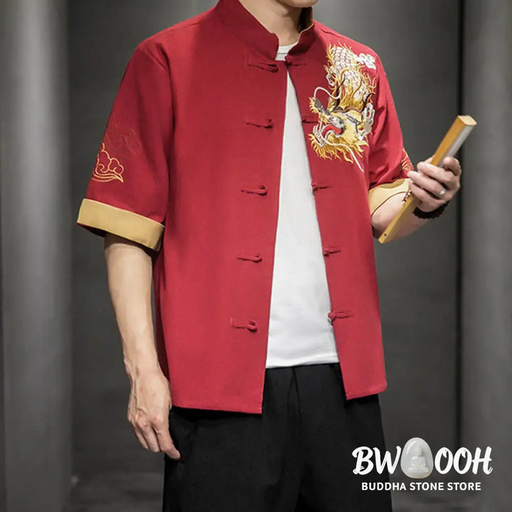 Buddha Stones Frog-Button Chinese Dragon Auspicious Cloud Embroidery Half Sleeve Shirt Cotton Linen Men Clothing