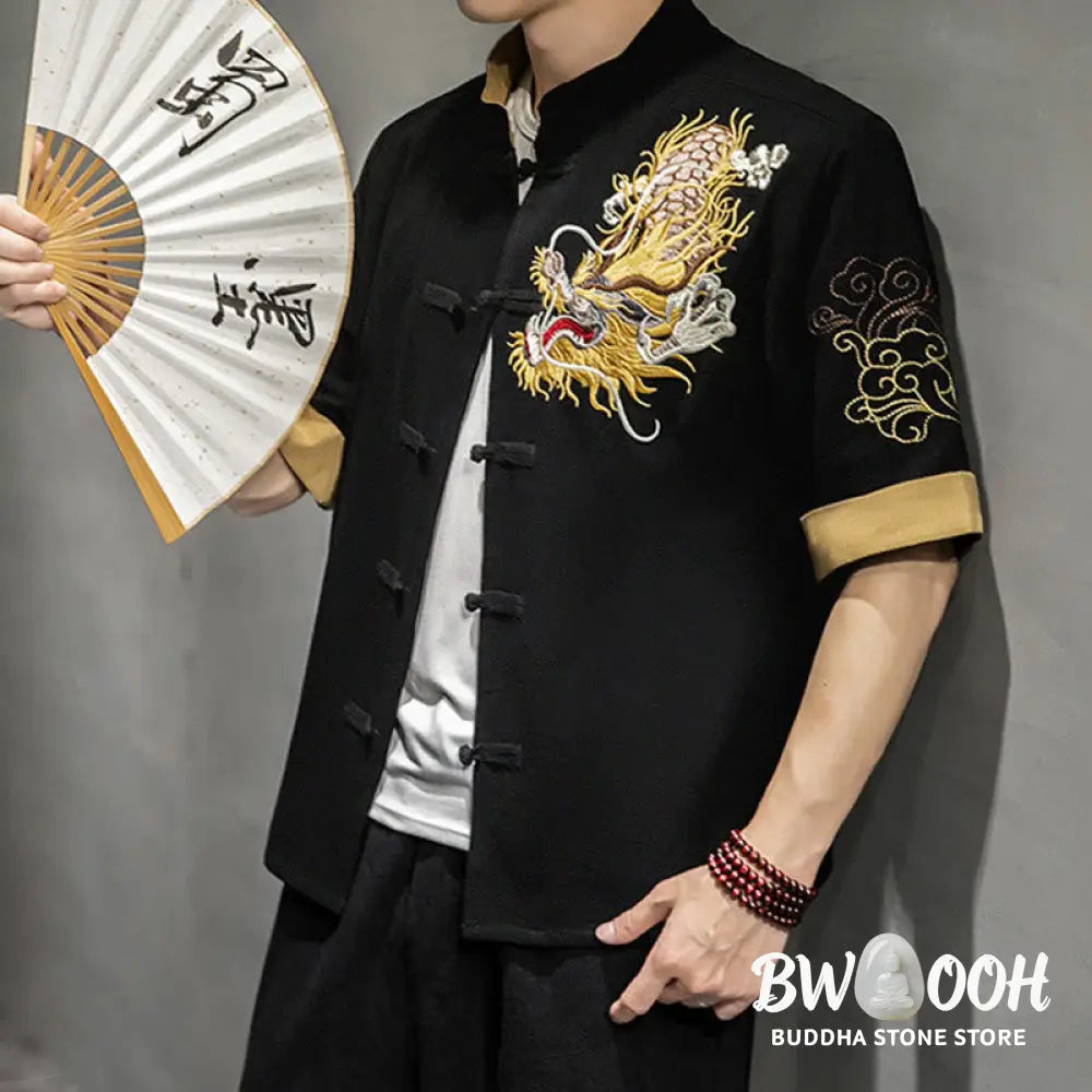 Buddha Stones Frog-Button Chinese Dragon Auspicious Cloud Embroidery Half Sleeve Shirt Cotton Linen Men Clothing