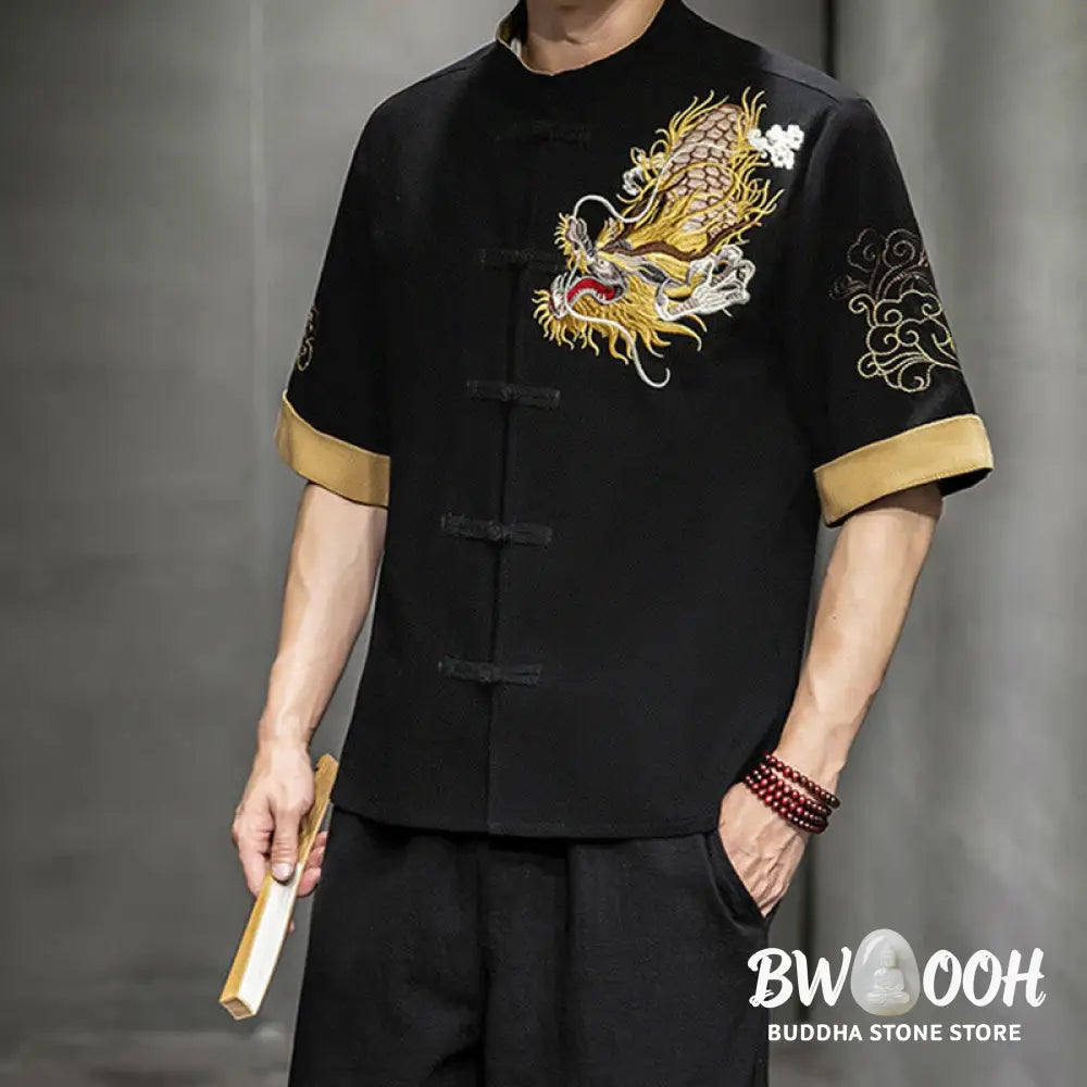 Buddha Stones Frog-Button Chinese Dragon Auspicious Cloud Embroidery Half Sleeve Shirt Cotton Linen Men Clothing