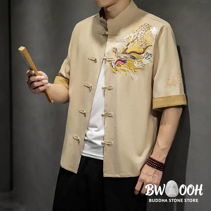 Buddha Stones Frog-Button Chinese Dragon Auspicious Cloud Embroidery Half Sleeve Shirt Cotton Linen Men Clothing