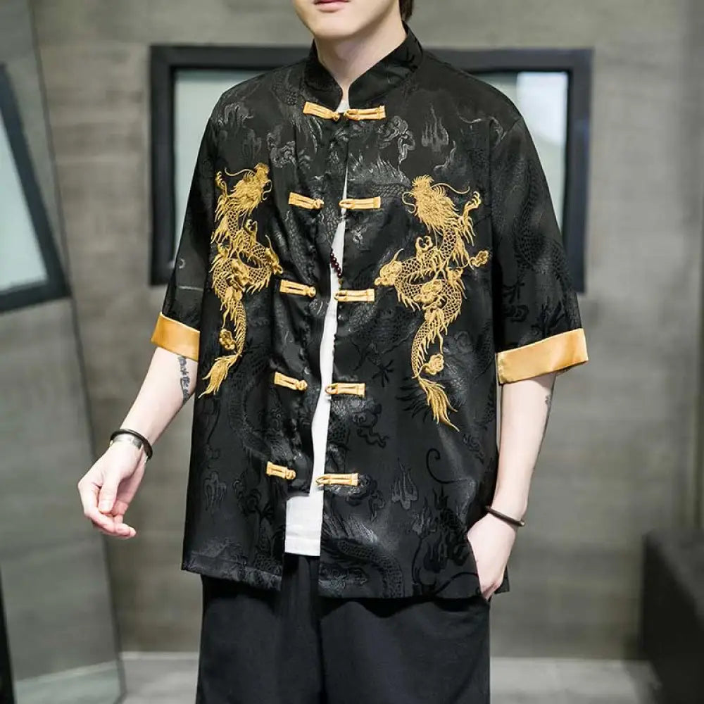 BWOOOH Frog-Button Chinese Dragon Embroidery Half Sleeve 