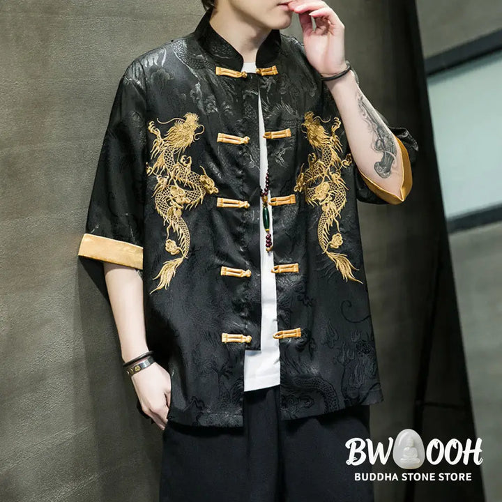 Buddha Stones Frog-Button Chinese Dragon Embroidery Half Sleeve Shirt Linen Men Clothing - Men’s Shirts