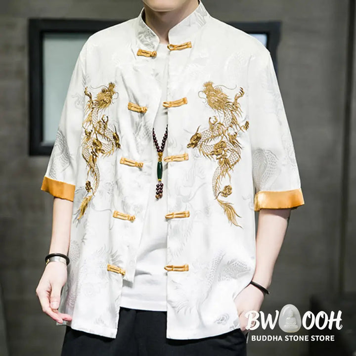 Buddha Stones Frog-Button Chinese Dragon Embroidery Half Sleeve Shirt Linen Men Clothing - Men’s Shirts