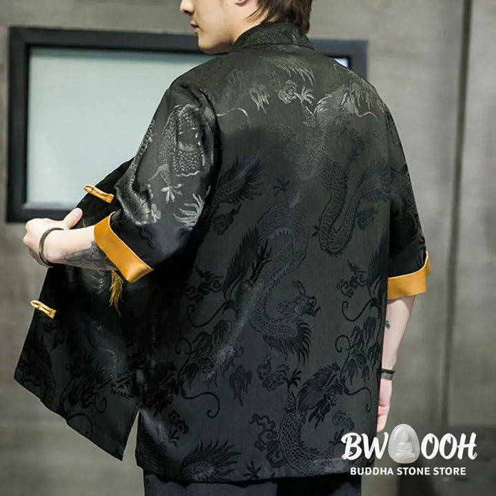 Buddha Stones Frog-Button Chinese Dragon Embroidery Half Sleeve Shirt Linen Men Clothing - Men’s Shirts