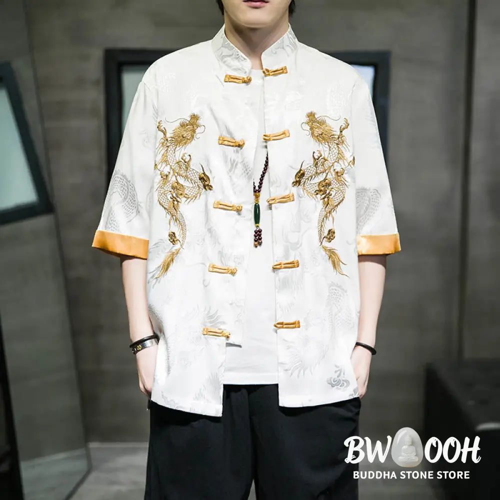 Buddha Stones Frog-Button Chinese Dragon Embroidery Half Sleeve Shirt Linen Men Clothing - Men’s Shirts