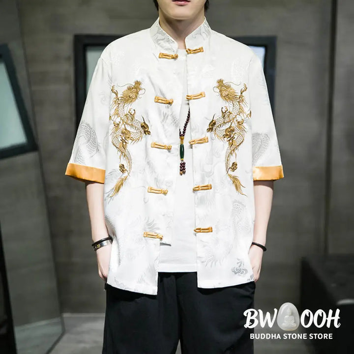 Buddha Stones Frog-Button Chinese Dragon Embroidery Half Sleeve Shirt Linen Men Clothing - Men’s Shirts