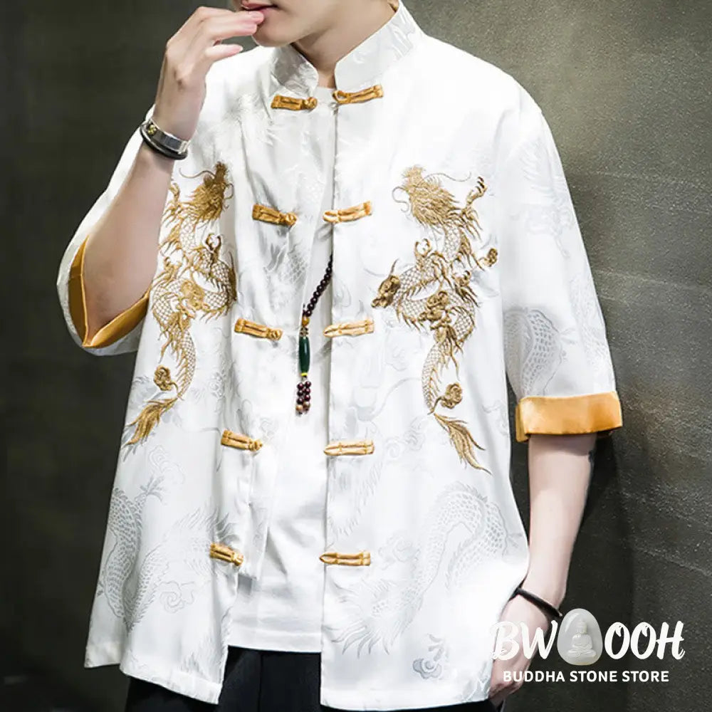 Buddha Stones Frog-Button Chinese Dragon Embroidery Half Sleeve Shirt Linen Men Clothing - Men’s Shirts