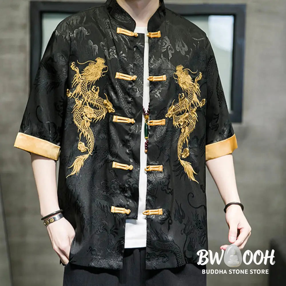 Buddha Stones Frog-Button Chinese Dragon Embroidery Half Sleeve Shirt Linen Men Clothing - Men’s Shirts