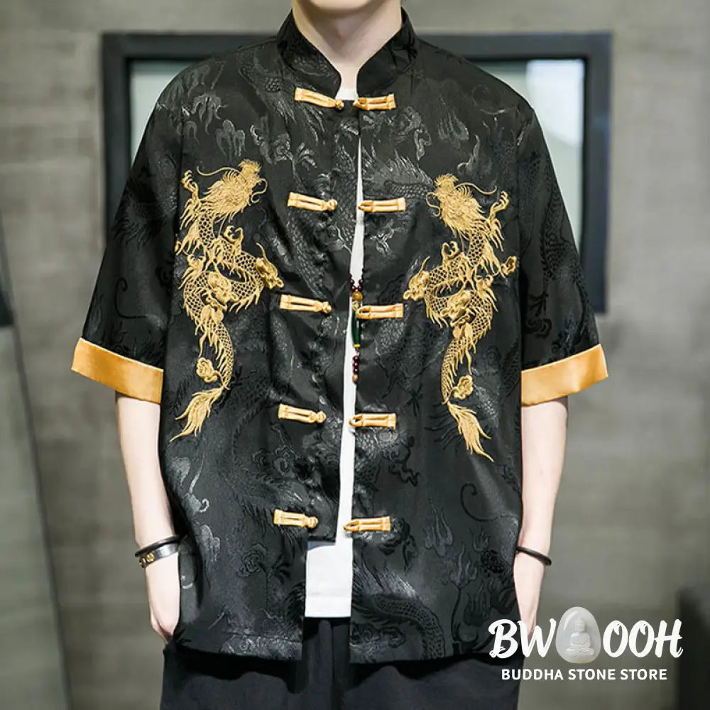 Buddha Stones Frog-Button Chinese Dragon Embroidery Half Sleeve Shirt Linen Men Clothing - Men’s Shirts
