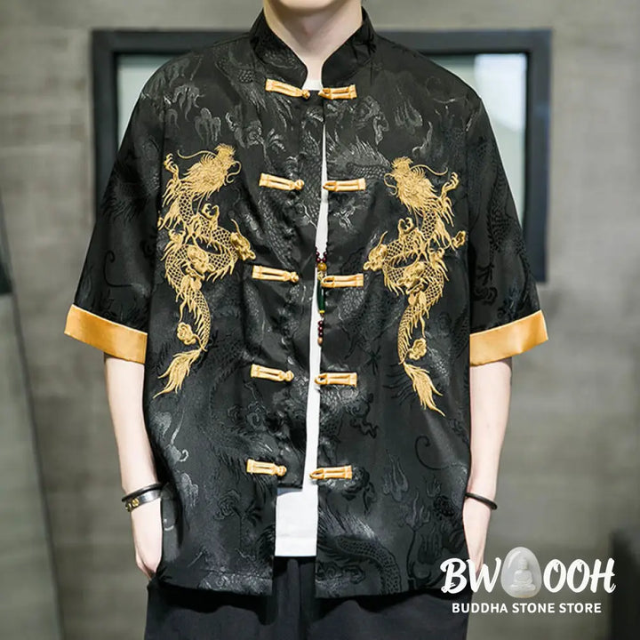 Buddha Stones Frog-Button Chinese Dragon Embroidery Half Sleeve Shirt Linen Men Clothing - Men’s Shirts