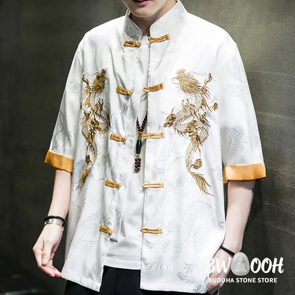Buddha Stones Frog-Button Chinese Dragon Embroidery Half Sleeve Shirt Linen Men Clothing - Men’s Shirts