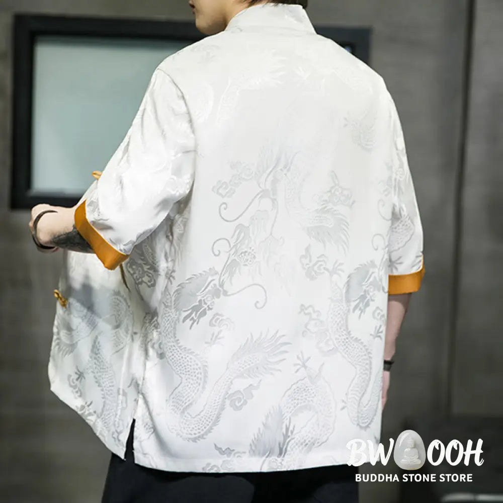Buddha Stones Frog-Button Chinese Dragon Embroidery Half Sleeve Shirt Linen Men Clothing - Men’s Shirts