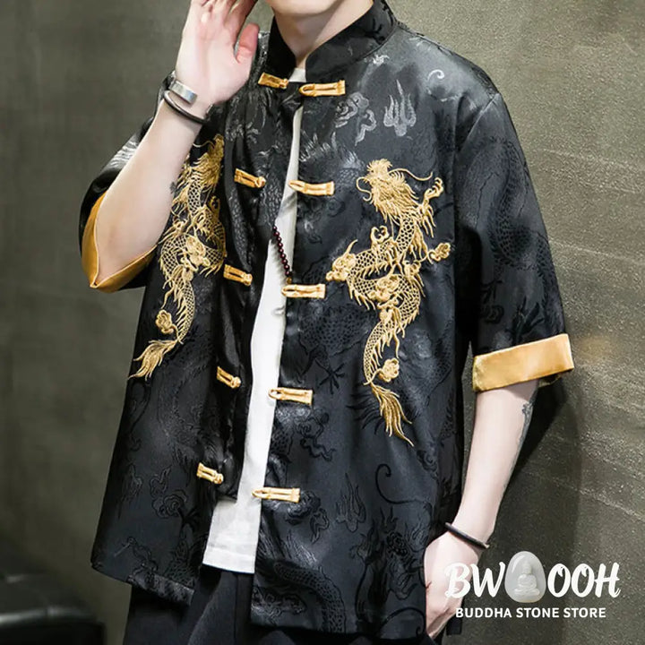 Buddha Stones Frog-Button Chinese Dragon Embroidery Half Sleeve Shirt Linen Men Clothing - Men’s Shirts