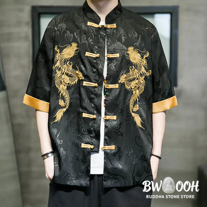 Buddha Stones Frog-Button Chinese Dragon Embroidery Half Sleeve Shirt Linen Men Clothing - Men’s Shirts