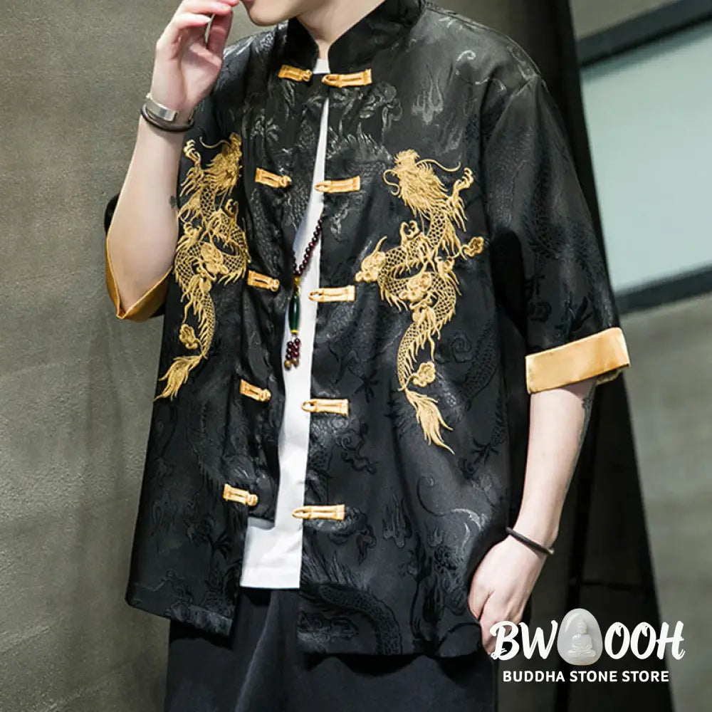 Buddha Stones Frog-Button Chinese Dragon Embroidery Half Sleeve Shirt Linen Men Clothing - Men’s Shirts