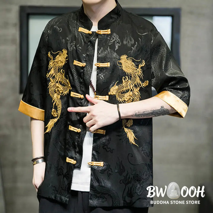 Buddha Stones Frog-Button Chinese Dragon Embroidery Half Sleeve Shirt Linen Men Clothing - Men’s Shirts