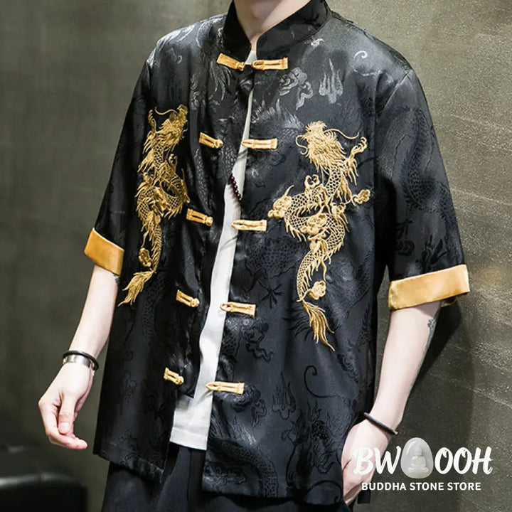 Buddha Stones Frog-Button Chinese Dragon Embroidery Half Sleeve Shirt Linen Men Clothing - Men’s Shirts