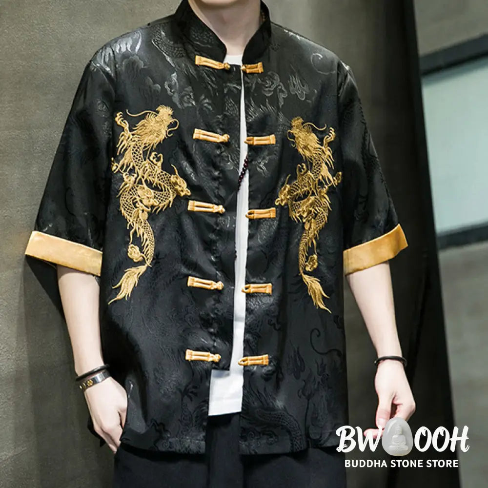 Buddha Stones Frog-Button Chinese Dragon Embroidery Half Sleeve Shirt Linen Men Clothing - Men’s Shirts