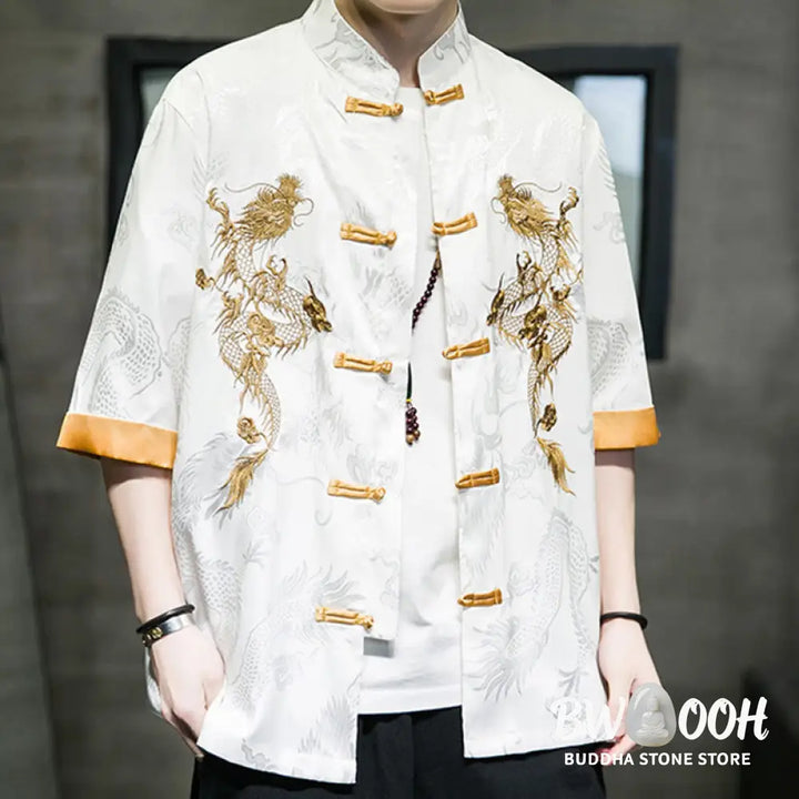 Buddha Stones Frog-Button Chinese Dragon Embroidery Half Sleeve Shirt Linen Men Clothing - Men’s Shirts