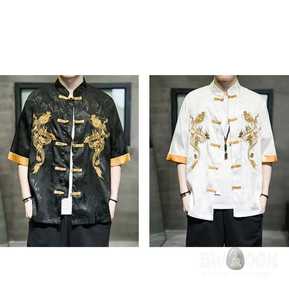 Buddha Stones Frog-Button Chinese Dragon Embroidery Half Sleeve Shirt Linen Men Clothing - Men’s Shirts
