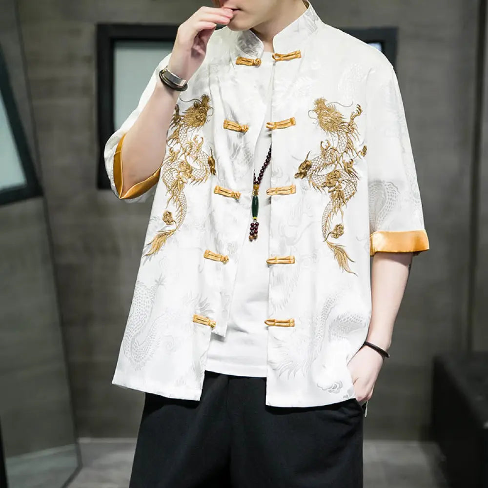 Buddha Stones Frog-Button Chinese Dragon Embroidery Half Sleeve Shirt Linen Men Clothing - White / US/UK/AU36，EU46(M)
