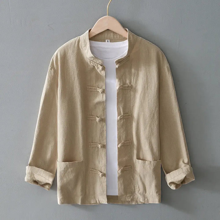 Buddha Stones Frog-Button Chinese Tang Suit Cotton Linen Men Jacket Shirt With Pockets - Beige / US/UK/AU38，EU48 (M)