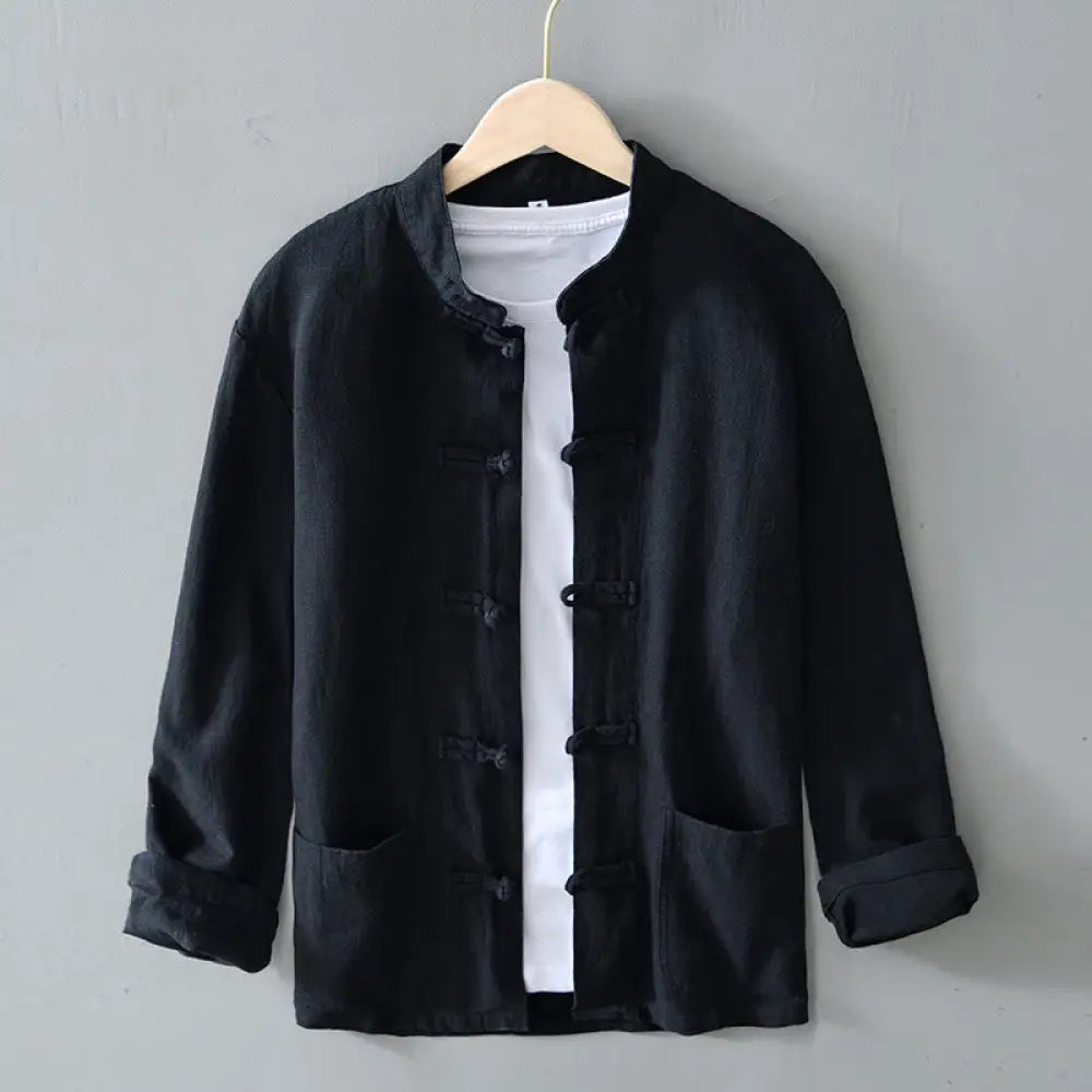 Buddha Stones Frog-Button Chinese Tang Suit Cotton Linen Men Jacket Shirt With Pockets - Black / US/UK/AU38，EU48 (M)