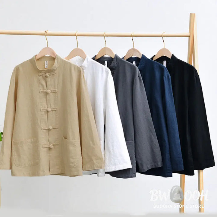 Buddha Stones Frog-Button Chinese Tang Suit Cotton Linen Men Jacket Shirt With Pockets - Men&