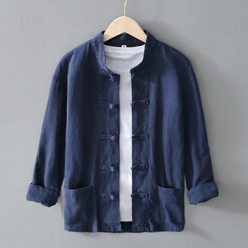 Buddha Stones Frog-Button Chinese Tang Suit Cotton Linen Men Jacket Shirt With Pockets - SteelBlue / US/UK/AU38，EU48