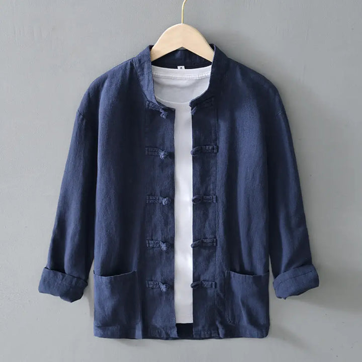 Buddha Stones Frog-Button Chinese Tang Suit Cotton Linen Men Jacket Shirt With Pockets - SteelBlue / US/UK/AU38，EU48