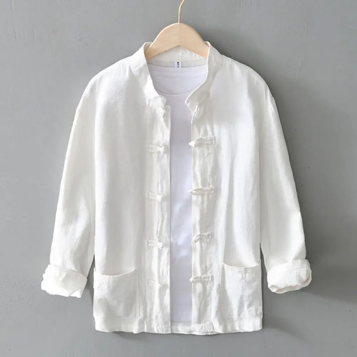 Buddha Stones Frog-Button Chinese Tang Suit Cotton Linen Men Jacket Shirt With Pockets - White / US/UK/AU38，EU48 (M)