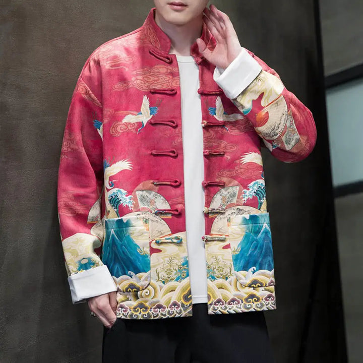 Buddha Stones Frog-Button Chinese Tang Suit Crane Character Long Shirt Cotton Suede Men Jacket Clothing - Crimson