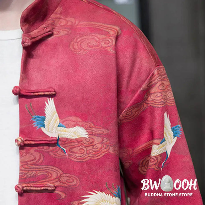 Buddha Stones Frog-Button Chinese Tang Suit Crane Character Long Shirt Cotton Suede Men Jacket Clothing - Men’s Jacket