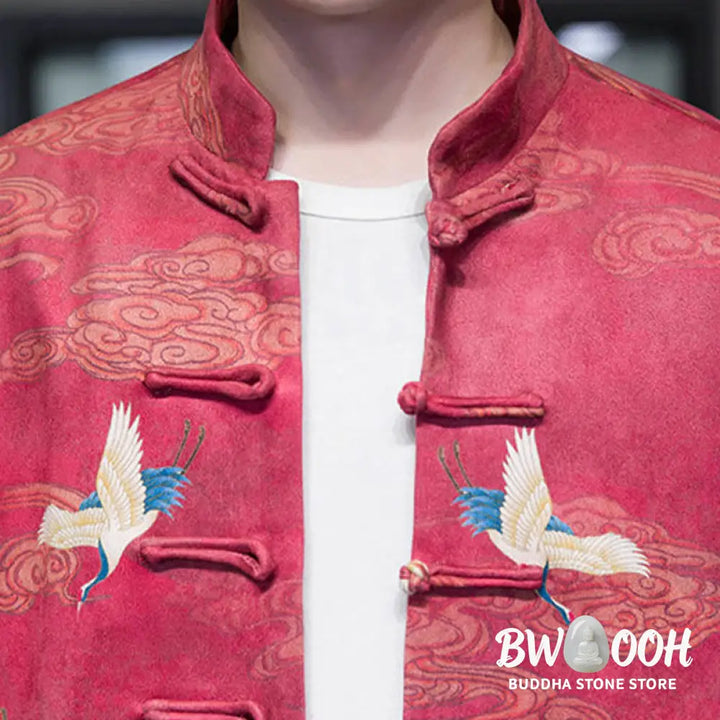 Buddha Stones Frog-Button Chinese Tang Suit Crane Character Long Shirt Cotton Suede Men Jacket Clothing - Men’s Jacket
