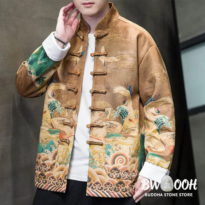 Buddha Stones Frog-Button Chinese Tang Suit Crane Character Long Shirt Cotton Suede Men Jacket Clothing - Men’s Jacket