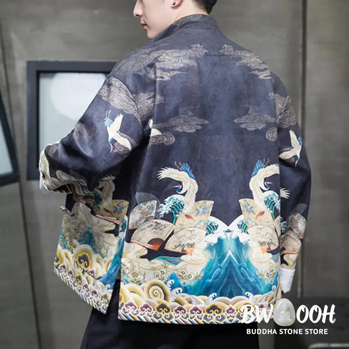 Buddha Stones Frog-Button Chinese Tang Suit Crane Character Long Shirt Cotton Suede Men Jacket Clothing - Men’s Jacket