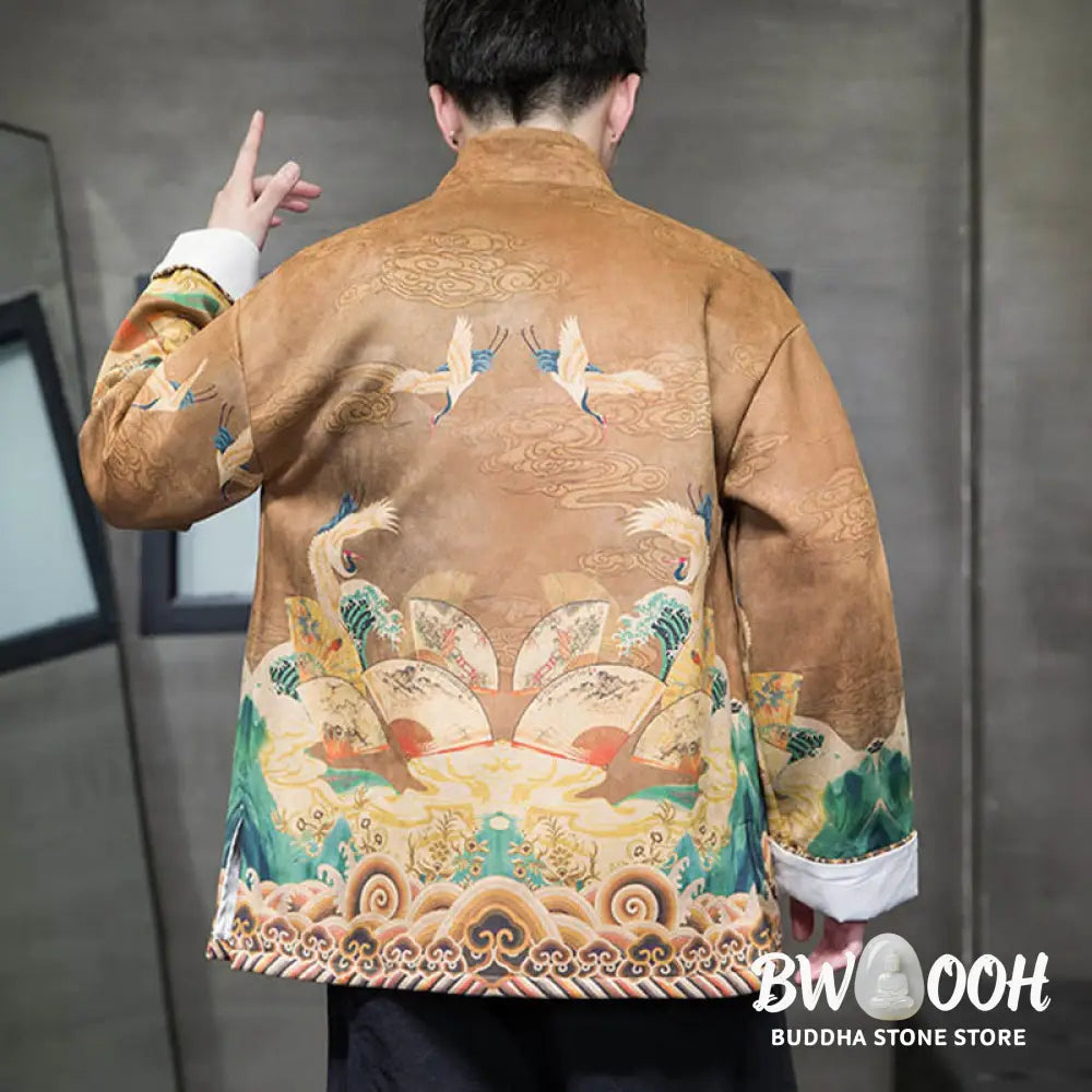 Buddha Stones Frog-Button Chinese Tang Suit Crane Character Long Shirt Cotton Suede Men Jacket Clothing - Men’s Jacket