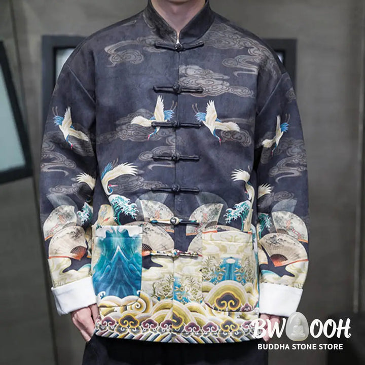 Buddha Stones Frog-Button Chinese Tang Suit Crane Character Long Shirt Cotton Suede Men Jacket Clothing - Men’s Jacket