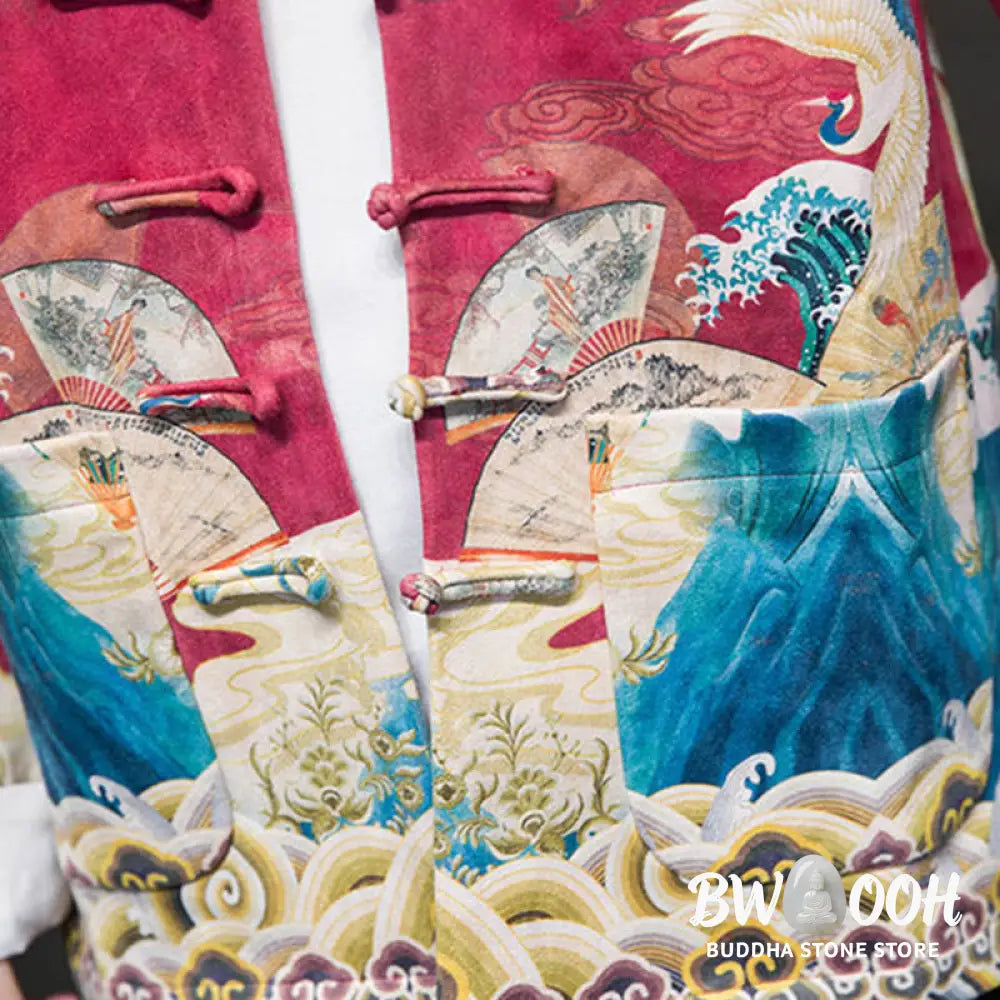 Buddha Stones Frog-Button Chinese Tang Suit Crane Character Long Shirt Cotton Suede Men Jacket Clothing - Men’s Jacket
