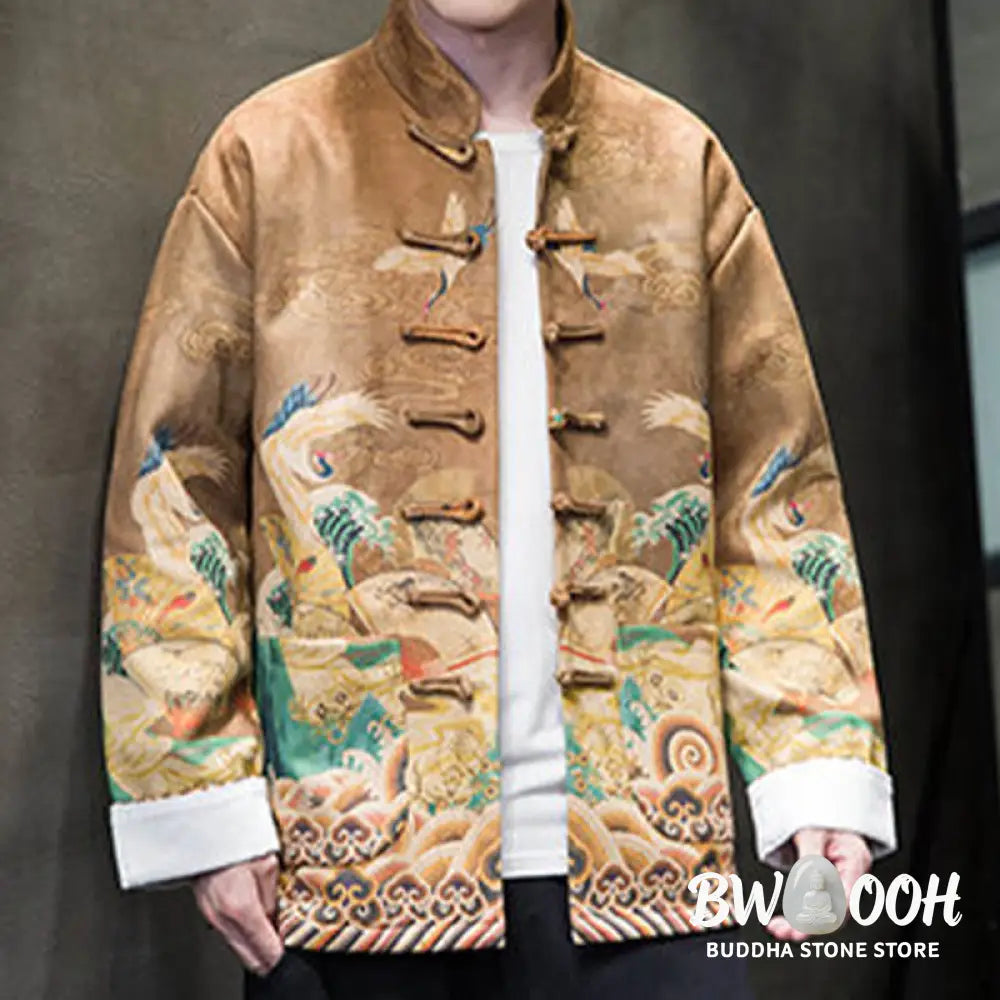 Buddha Stones Frog-Button Chinese Tang Suit Crane Character Long Shirt Cotton Suede Men Jacket Clothing - Men’s Jacket