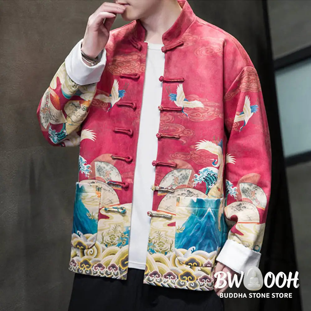 Buddha Stones Frog-Button Chinese Tang Suit Crane Character Long Shirt Cotton Suede Men Jacket Clothing - Men’s Jacket