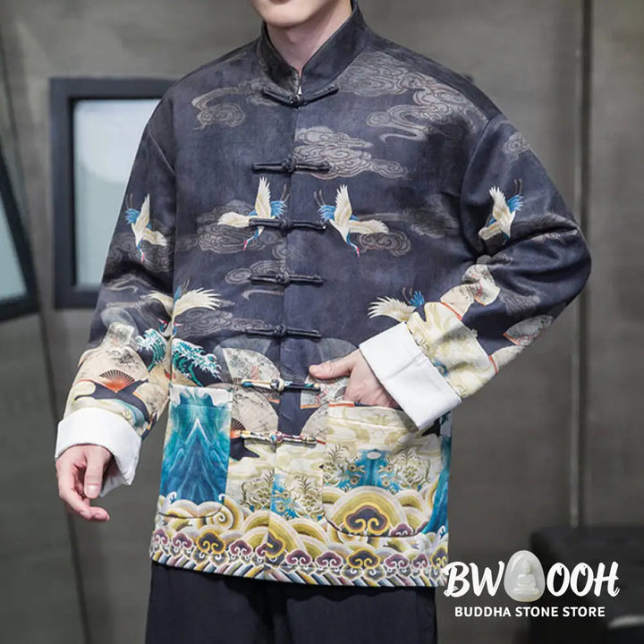 Buddha Stones Frog-Button Chinese Tang Suit Crane Character Long Shirt Cotton Suede Men Jacket Clothing - Men’s Jacket